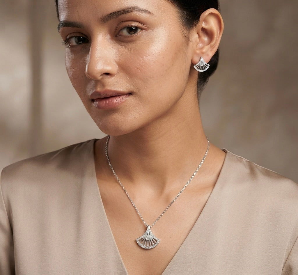 Radiant Fan-Shaped Silver Pendant & Earrings Set