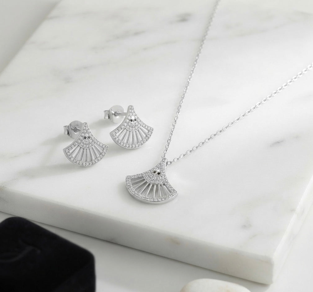 Radiant Fan-Shaped Silver Pendant & Earrings Set