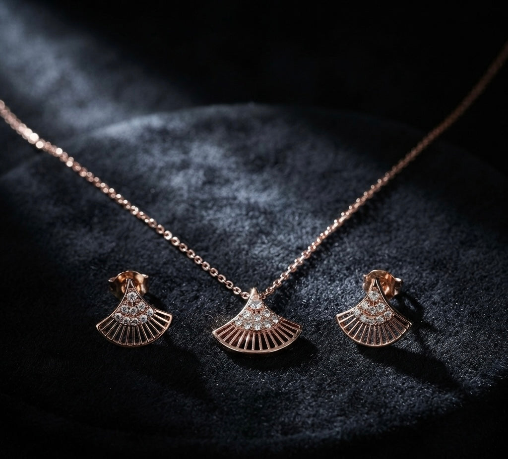 Rose Gold Fan-Shaped Sparkle Pendant & Stud Earrings Set