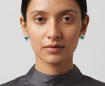 Emerald Geometric Halo Stud Earrings