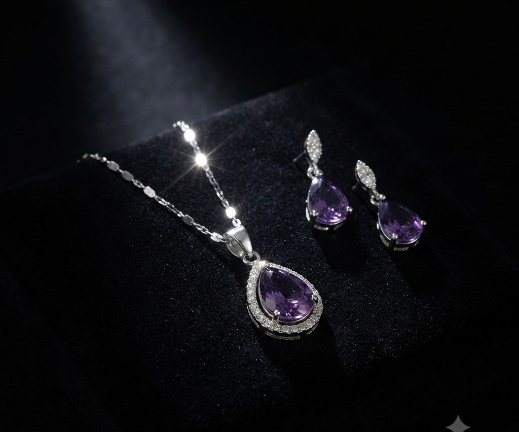 Royal Amethyst Teardrop Necklace & Earrings Set