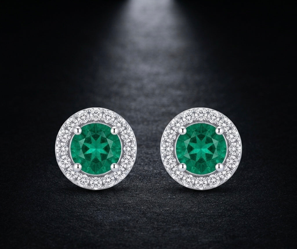 Emerald Round Halo Stud Earrings