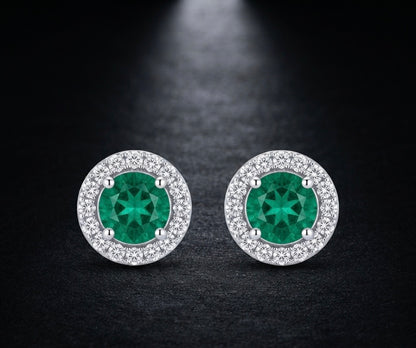 Emerald Round Halo Stud Earrings