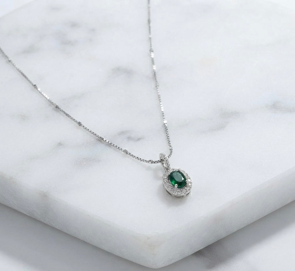 Emerald Green Halo Silver Pendant Necklace with Zircon Accents