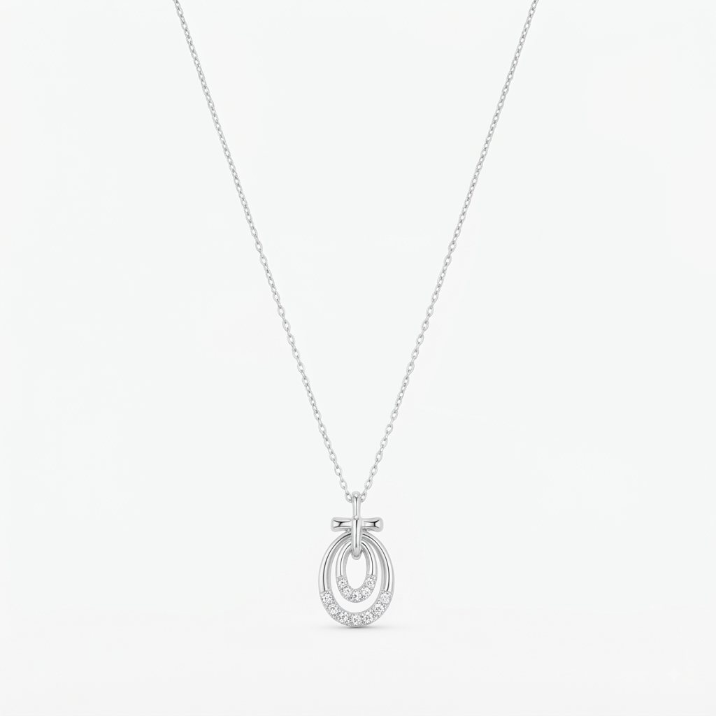 Elegant Dual Oval Silver Pendant Necklace with Sparkling Zircon Accents