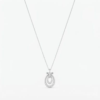 Elegant Dual Oval Silver Pendant Necklace with Sparkling Zircon Accents