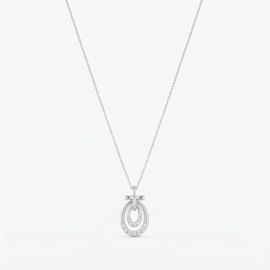 Elegant Dual Oval Silver Pendant Necklace with Sparkling Zircon Accents