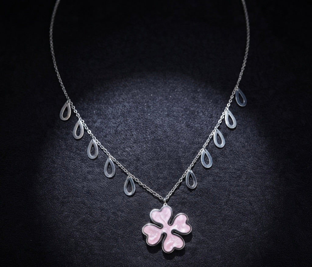 Pink Four-Leaf Clover Drop Silver Necklace