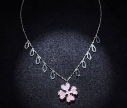 Pink Four-Leaf Clover Drop Silver Necklace
