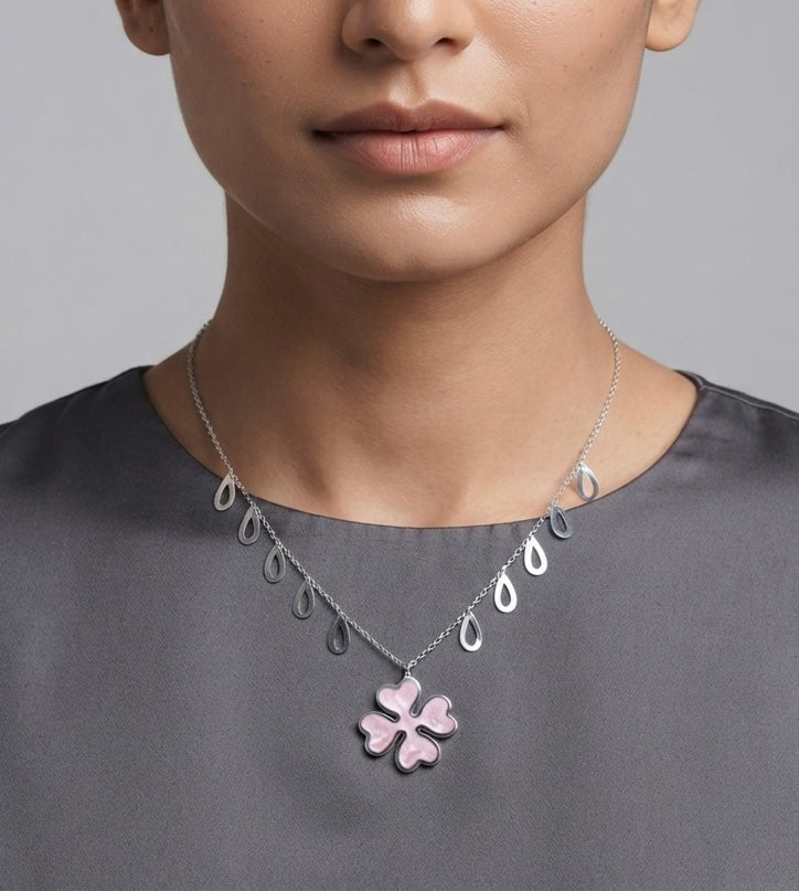 Pink Four-Leaf Clover Drop Silver Necklace
