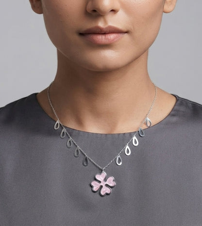 Pink Four-Leaf Clover Drop Silver Necklace