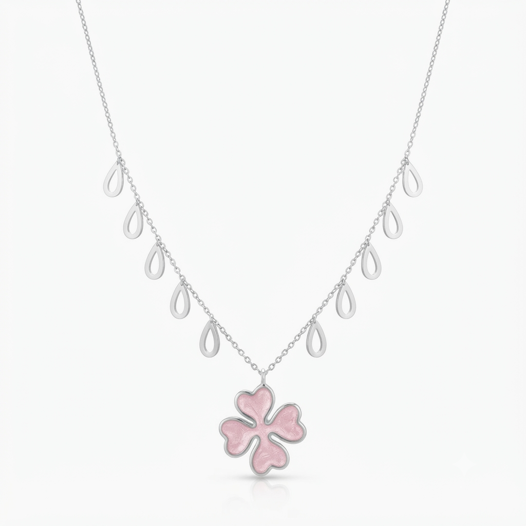 Pink Four-Leaf Clover Drop Silver Necklace
