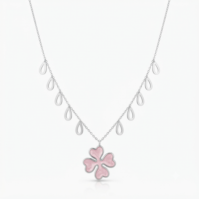 Pink Four-Leaf Clover Drop Silver Necklace