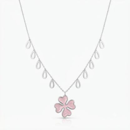 Pink Four-Leaf Clover Drop Silver Necklace