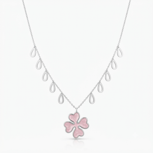 Pink Four-Leaf Clover Drop Silver Necklace