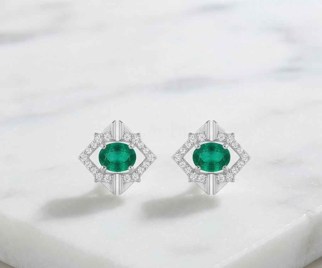 Emerald Geometric Halo Stud Earrings