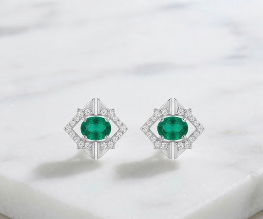 Emerald Geometric Halo Stud Earrings
