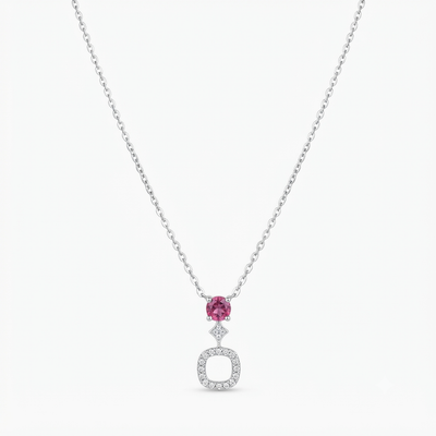 Pink Solitaire & Sparkling Halo Silver Pendant Necklace