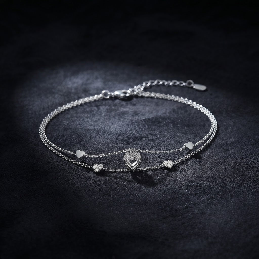 Double-Layer Heart Charm Silver Bracelet