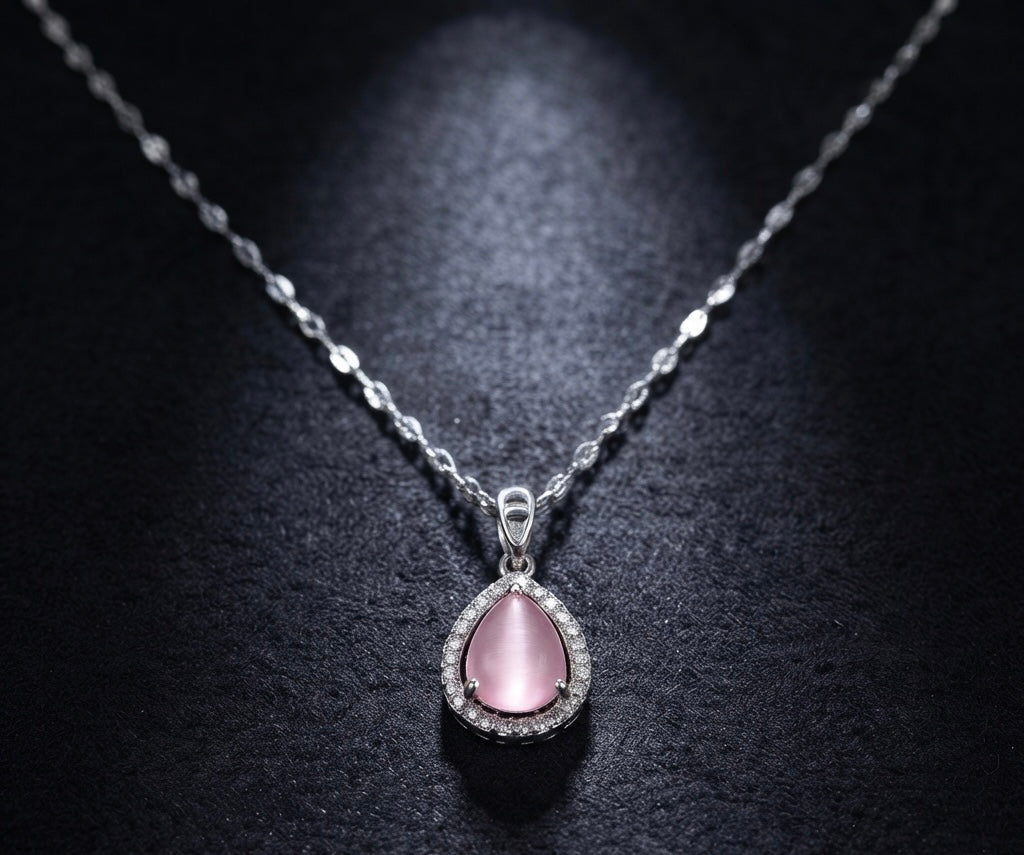 Blush Pink Teardrop Halo Pendant Necklace
