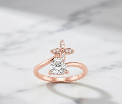 Rose Gold Blossom Heart Solitaire Ring