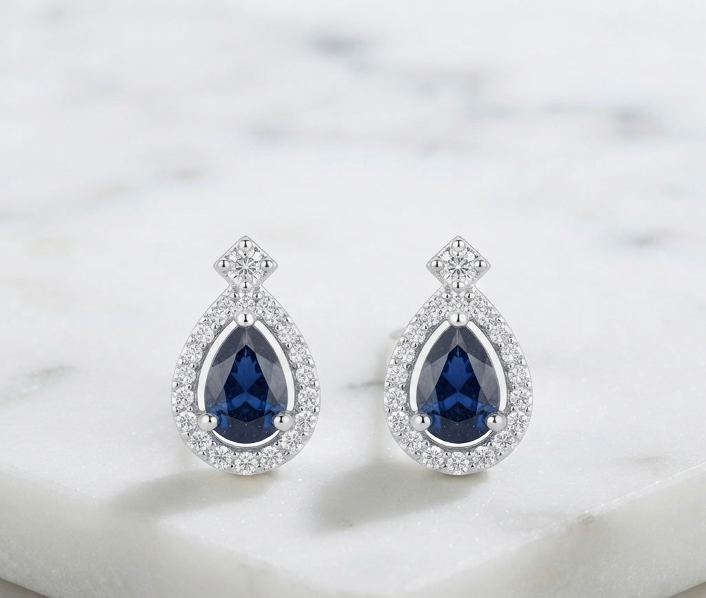 Sapphire Teardrop Halo Stud Earrings