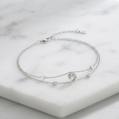 Double-Layer Heart Charm Silver Bracelet