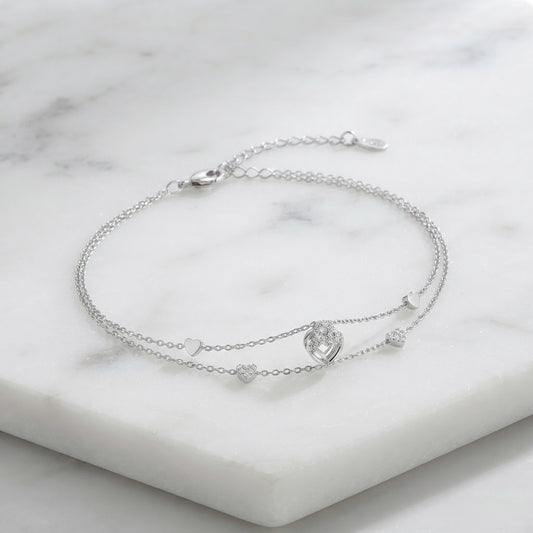 Double-Layer Heart Charm Silver Bracelet