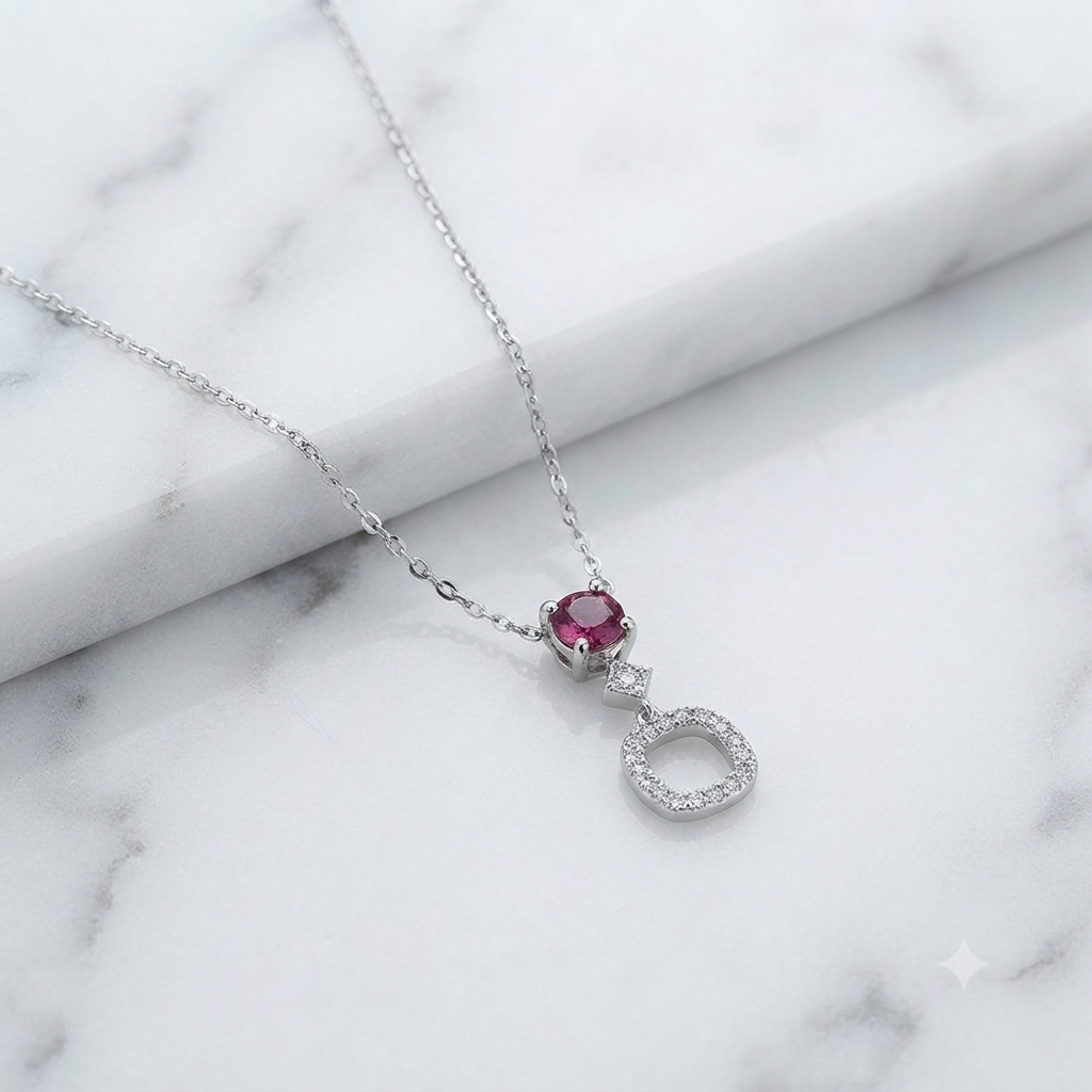Pink Solitaire & Sparkling Halo Silver Pendant Necklace