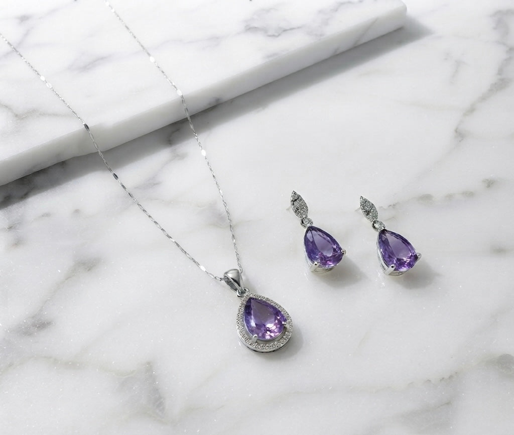 Royal Amethyst Teardrop Necklace & Earrings Set