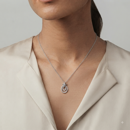 Elegant Dual Oval Silver Pendant Necklace with Sparkling Zircon Accents