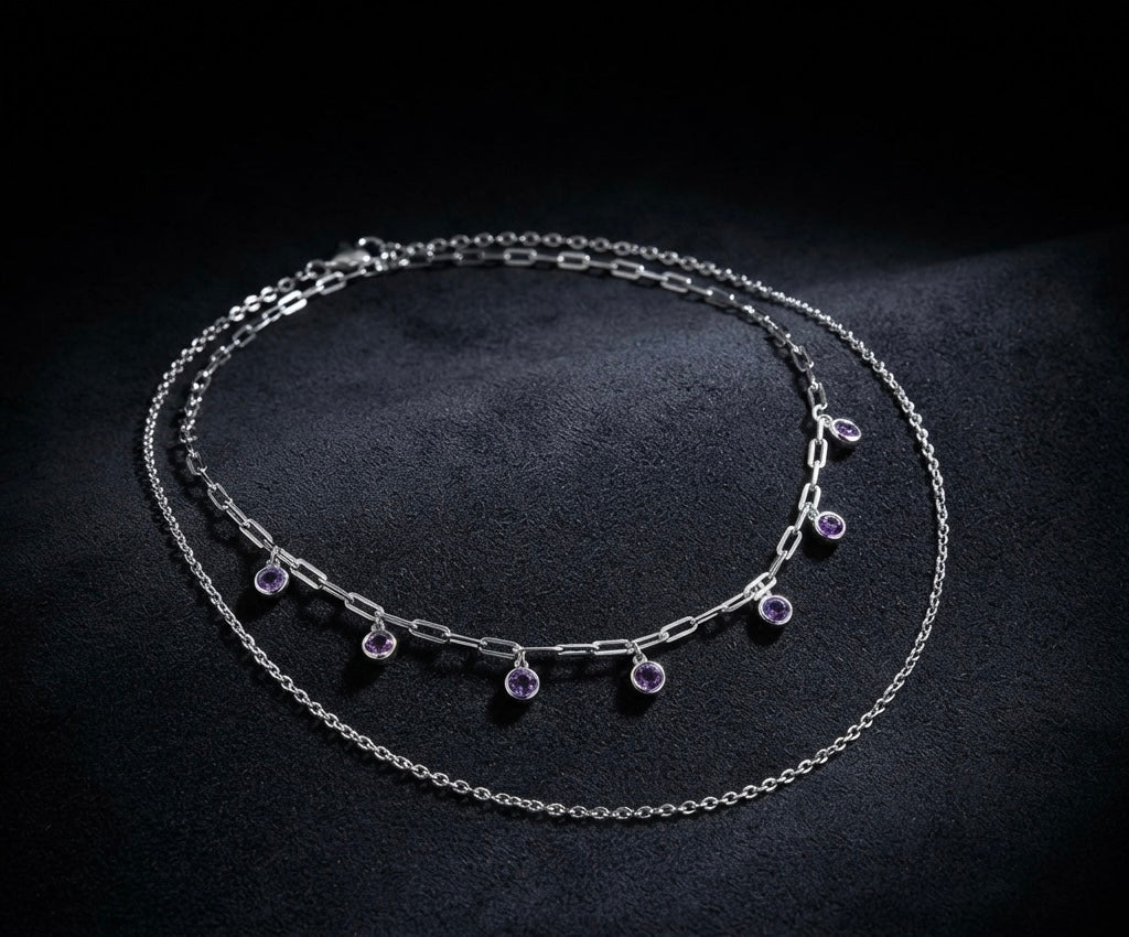 Purple Crystal Double-Layer Silver Necklace