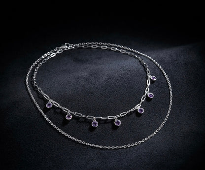 Purple Crystal Double-Layer Silver Necklace