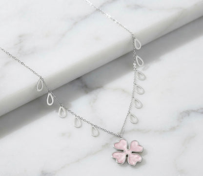 Pink Four-Leaf Clover Drop Silver Necklace