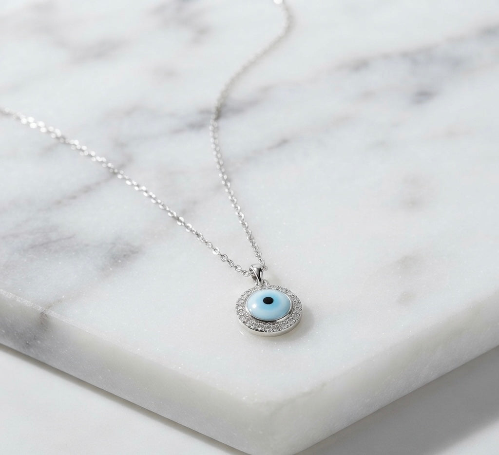 Evil Eye Silver Pendant Necklace with Sparkling Zircon Halo