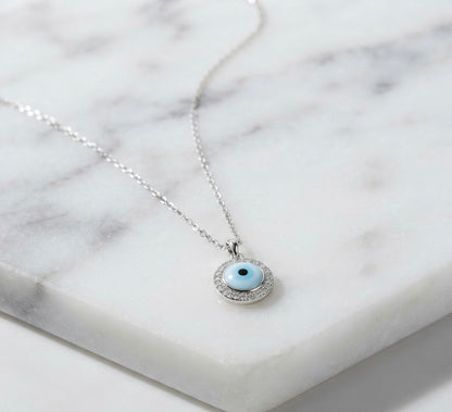 Evil Eye Silver Pendant Necklace with Sparkling Zircon Halo