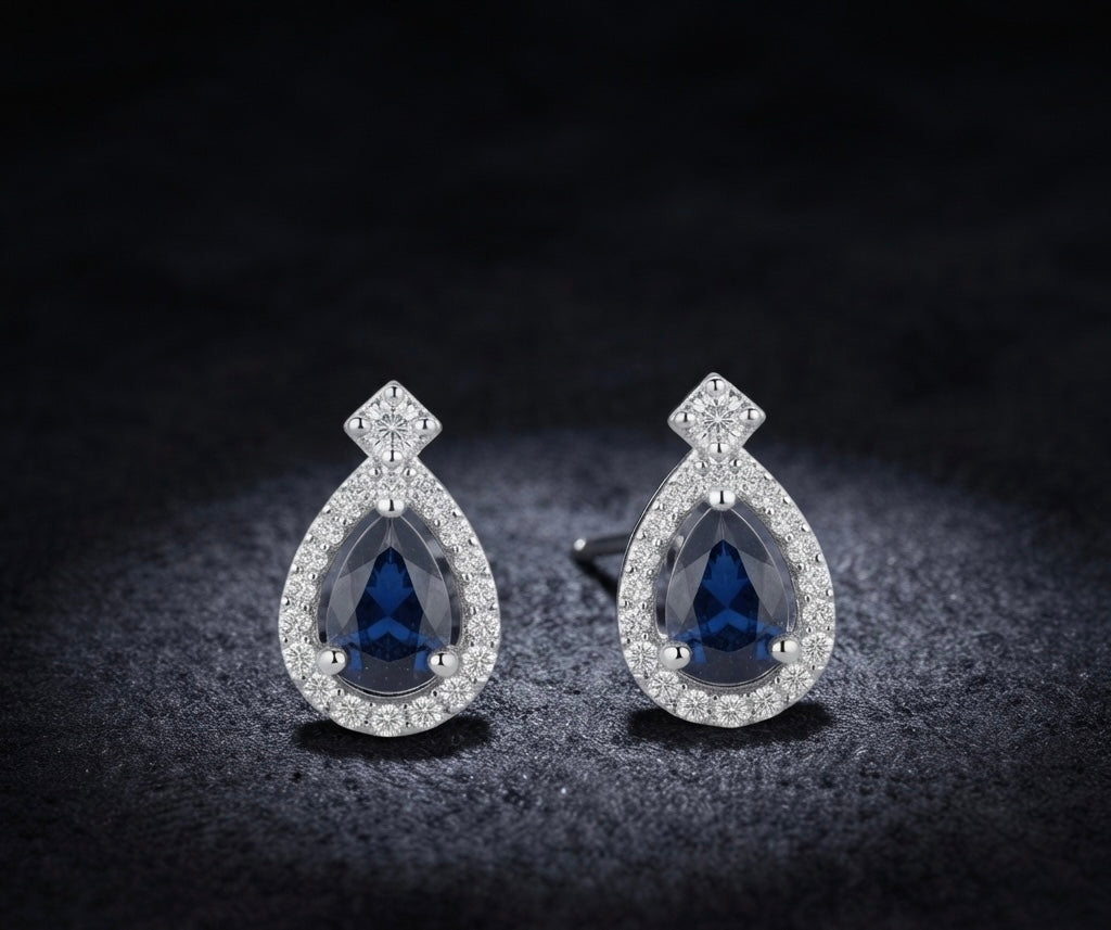 Sapphire Teardrop Halo Stud Earrings