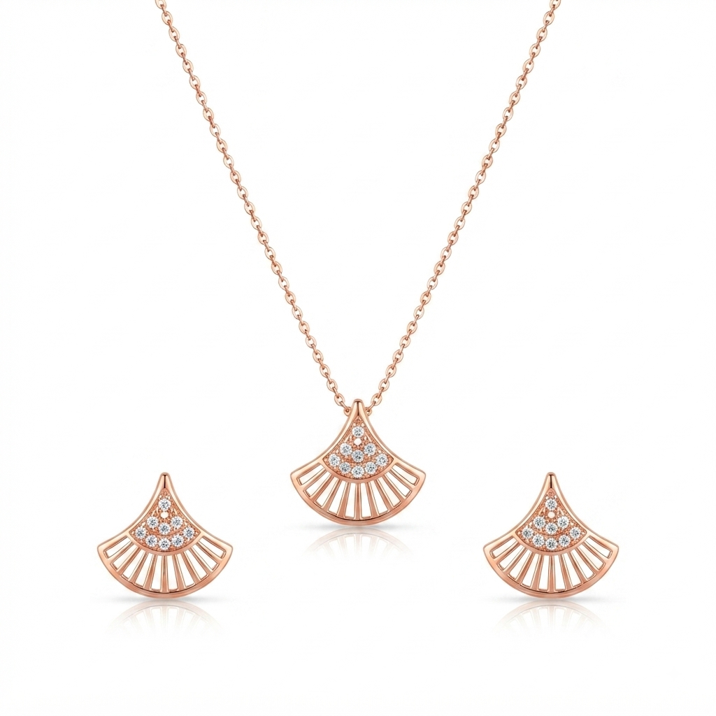Rose Gold Fan-Shaped Sparkle Pendant & Stud Earrings Set