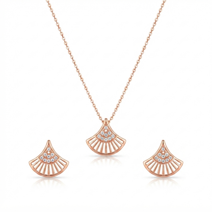 Rose Gold Fan-Shaped Sparkle Pendant & Stud Earrings Set