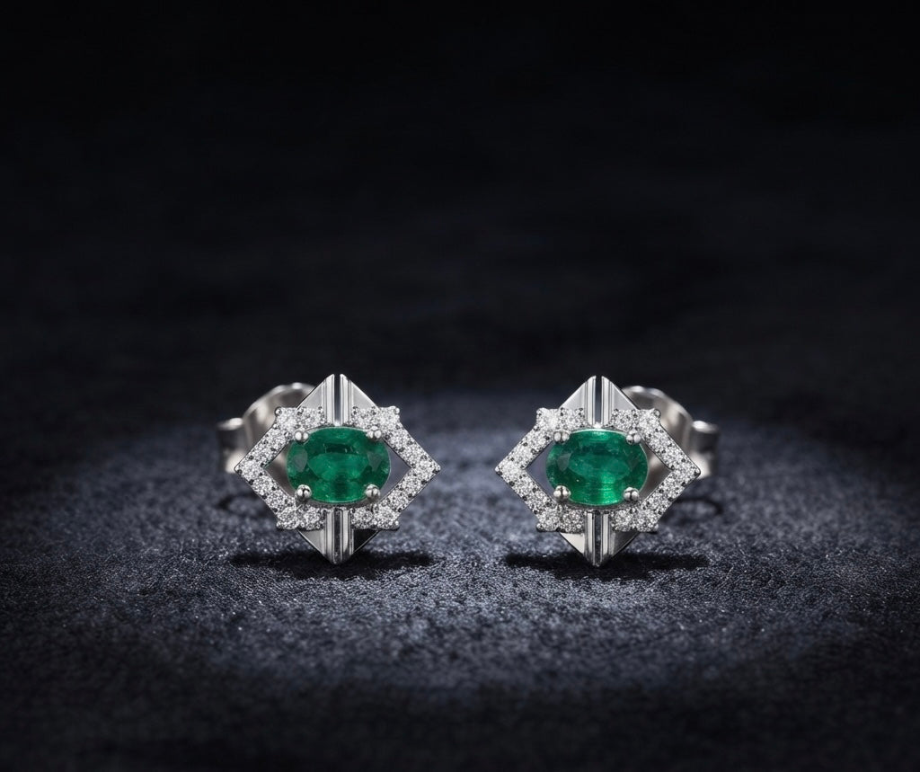 Emerald Geometric Halo Stud Earrings