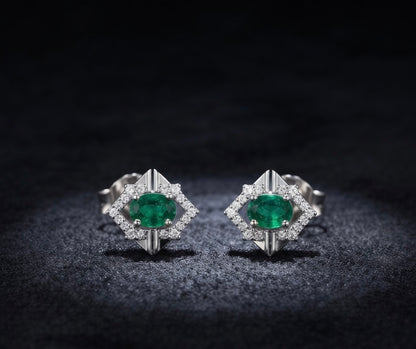 Emerald Geometric Halo Stud Earrings