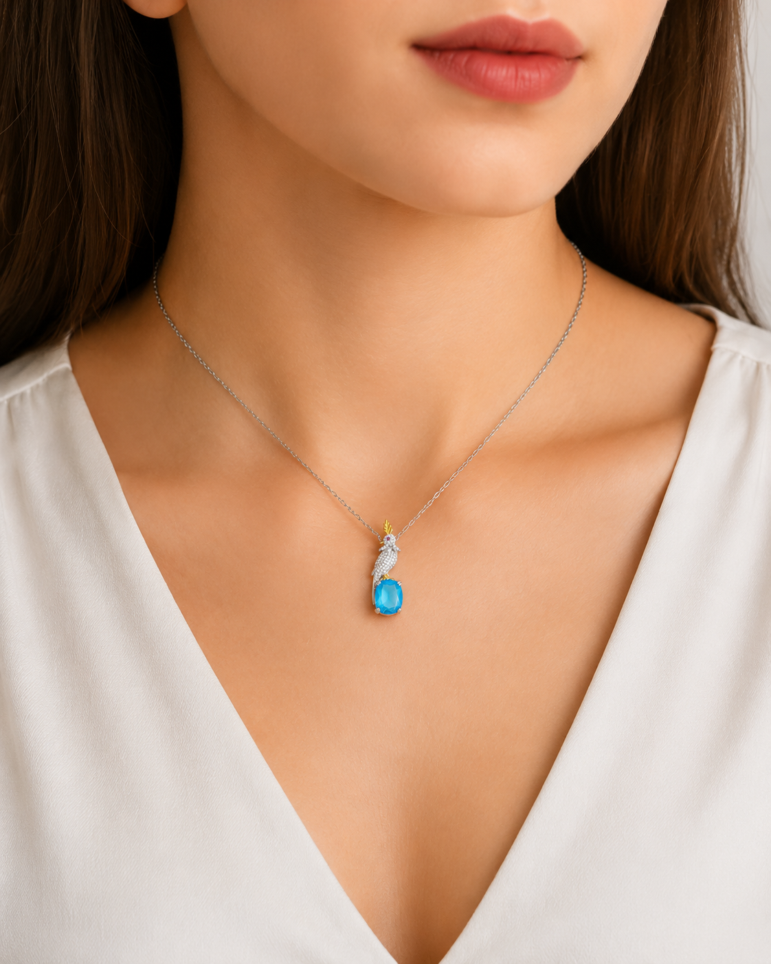 Crystal Parrot Blue Stone Pendant Necklace | Silver-Tone Designer Necklace