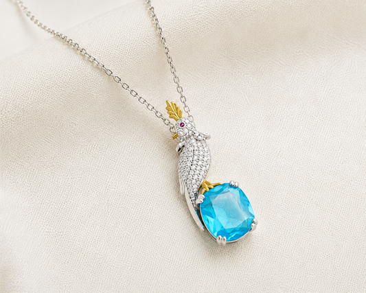 Crystal Parrot Blue Stone Pendant Necklace | Silver-Tone Designer Necklace